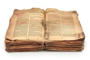 An aged, open book with yellowed and worn pages, revealing historical text and markings. photo