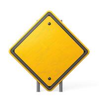 Blank yellow warning sign on a road, ready for custom message or symbol. photo
