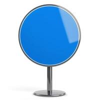 A modern circular blue sign with a glossy finish on a chrome stand. photo