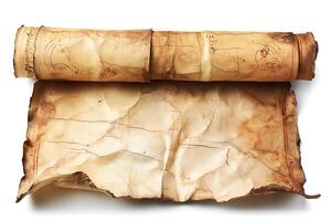 Ancient, weathered parchment map showcasing intricate drawings and markings, evoking a sense of mystery and exploration. photo