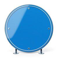 A large, round blue sign with a glossy finish, supported by two metallic legs, set against a white background. photo