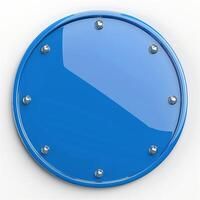A polished round blue sign with metallic rivets, perfect for signage or decorative use. photo