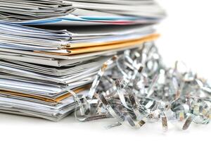 A chaotic stack of organized documents with a scattering of shiny paper shreds in the foreground. photo