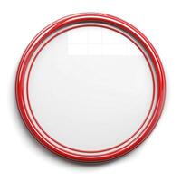 A round mirror with a glossy red frame, reflecting a bright and simple background. photo