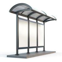 Modern bus shelter with a sleek design, featuring three panel spaces for advertisements. photo