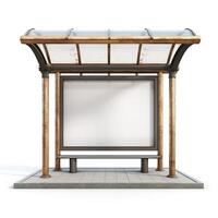 An empty modern bus shelter with a sleek design and transparent roofing, inviting commuters to wait comfortably. photo