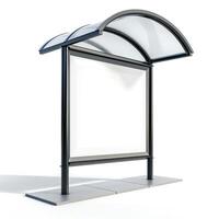 Modern bus stop shelter with a sleek design, featuring a curved glass roof and blank advertisement space. photo