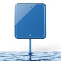 A blank blue sign partially submerged in water, symbolizing unknown messages and lost communication. photo