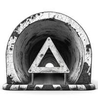 A weathered concrete tunnel featuring a triangular warning sign at the entrance, conveying a sense of caution. photo