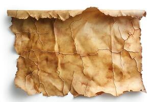 An aged, cracked parchment paper displaying rich brown tones and a weathered texture, evoking a sense of history. photo