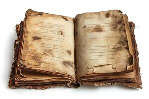 An antique open book with burnt and aged pages, featuring blank lines for writing. Atmospheric and nostalgic. photo