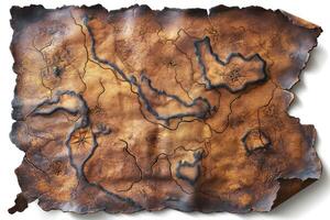 An ancient treasure map featuring intricate topographical details and compass rose symbols, evoking adventure and exploration. photo