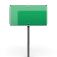 A blank green informational sign on a metallic pole, ready for customization or display of messages. photo