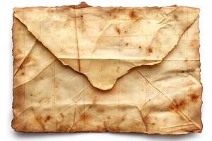An aged, crumpled envelope with a yellowed appearance, showcasing its vintage charm. photo