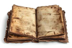 An old, worn-out book with yellowed, stained pages, exuding a sense of age and history. photo