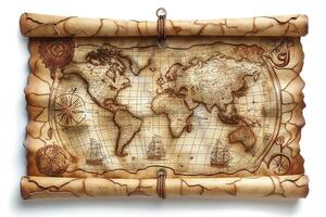 An aged world map on parchment, featuring intricate details, ships, and compass, evoking a sense of adventure and exploration. photo