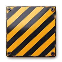 A textured sign with bold black and yellow diagonal stripes, indicating caution or warning. photo
