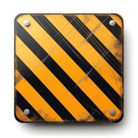 A weathered, square warning sign featuring bold black and yellow diagonal stripes. photo