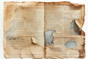 Weathered newspaper page showcasing faded text and burnt edges, reflecting the passage of time. photo