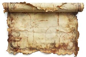 Aged parchment scroll with intricate borders, showcasing a vintage and historical feel. photo