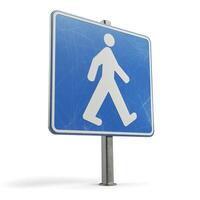 A clear blue pedestrian sign indicating a walk path, featuring a simplistic white figure in motion. photo