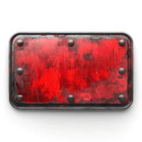 A distressed red metal plaque with rivets, showcasing a worn and artistic texture. photo