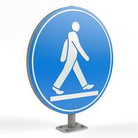 A blue pedestrian sign featuring a walking figure, signaling a safe crossing area. photo