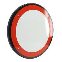 A blank circular traffic sign with a red border, minimalist design, and a glossy finish, set against a white background. photo
