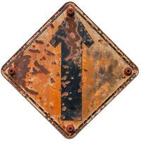 Weathered traffic sign indicating a straight direction, showcasing rust and age. photo