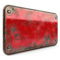 A weathered, rusty red metal sign with a vintage appearance, showcasing peeling paint and a distressed texture. photo