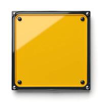 A glossy yellow square sign with rounded edges and black mounting screws, perfect for customizable messages. photo
