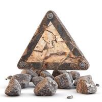 A weathered triangular warning sign stands precariously on a pile of rough stones. photo