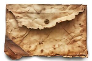 A weathered, ancient envelope showcasing an aged appearance with a vintage button closure. photo