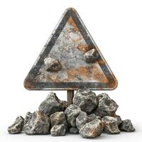 Warning sign with rocks, showcasing wear and tear, perfect for construction or hazard messages. photo
