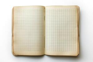 An open, empty square grid notebook showcasing its aged pages, inviting creativity and ideas. photo