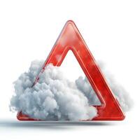 A vibrant red warning triangle emerges from soft, fluffy clouds, symbolizing caution and attention. photo