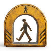 A textured, yellow pedestrian sign featuring a walking figure under an arch design, conveying safety in urban environments. photo