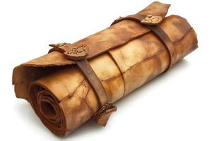 An antique rolled leather scroll with intricate ties, showcasing rich textures and warm tones. photo