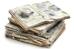 A towering stack of aged, worn notebooks filled with faded handwritten notes and sketches, evoking a sense of nostalgia. photo