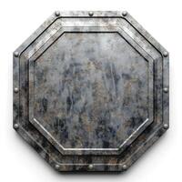 A weathered metallic octagonal plate with a textured surface and visible scratches, showcasing an industrial aesthetic. photo