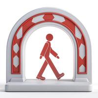 Stylized red and white archway featuring a walking figure, symbolizing progress and movement. photo