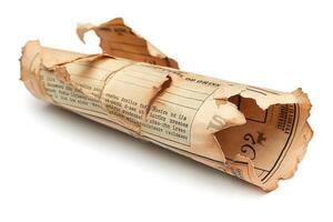 A vintage, torn newspaper roll laying on a white background, showcasing its timeworn edges and faded print. photo