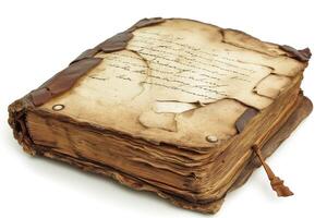 An old, worn-out book with crumbling pages and a tattered cover, exuding a sense of history and nostalgia. photo