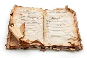 An aged and tattered opened book, showcasing worn pages filled with handwritten notes and a nostalgic atmosphere. photo
