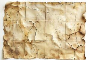 Aged parchment paper with intricate cracks and faded markings, showcasing the beauty of historical texture. photo