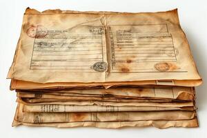A close-up of aged, weathered documents stacked on top of each other, showcasing intricate details of faded inks and stamps. photo
