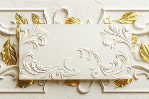 Elegant ornate relief with golden leaves and intricate white patterns on a textured surface. photo