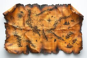 A vintage treasure map with intricate details, showcasing mountains, rivers, and ships on aged parchment. photo