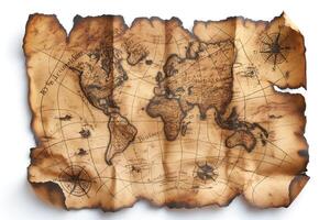 An ancient, burnt-looking world map, detailed and weathered, evoking a sense of adventure and exploration. photo