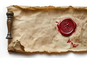 An aged parchment with a red wax seal and a wooden stamp, evoking a sense of history and authenticity. photo